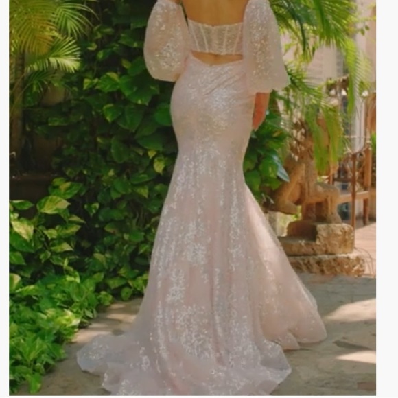 Sherri Hill light pink corset top sheer formal sequined dress style# 54919 - Picture 2 of 9